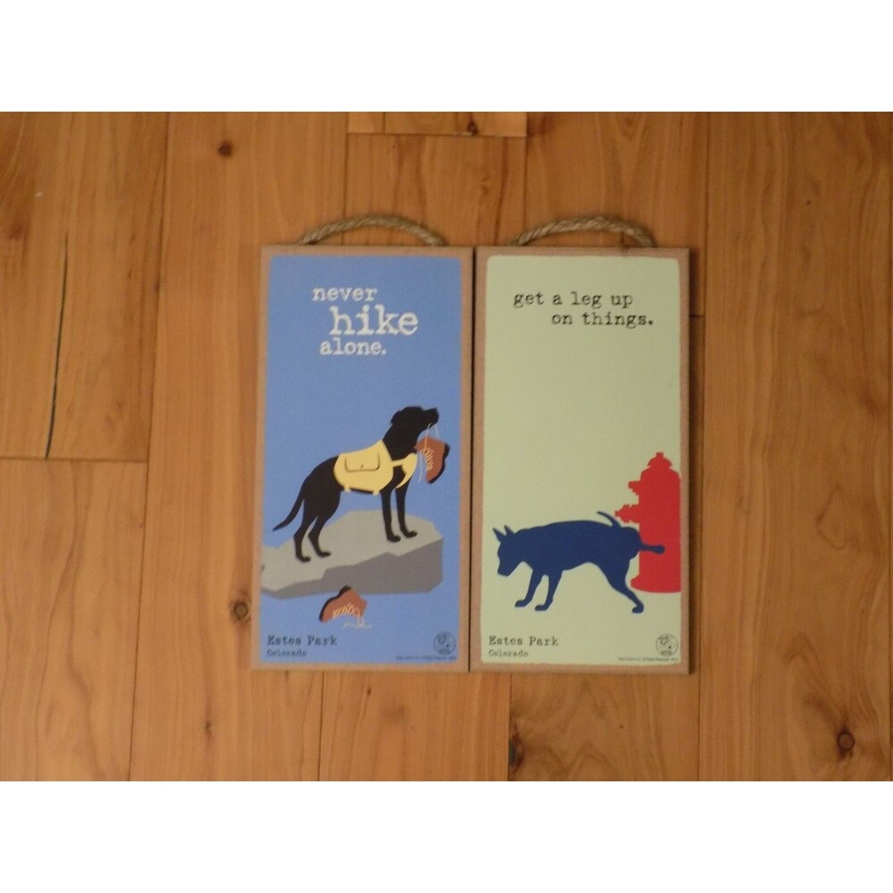 Lot Of 2 Dog Wall Hanging Pictures Sign Never Hike Alone & Get A Leg Up